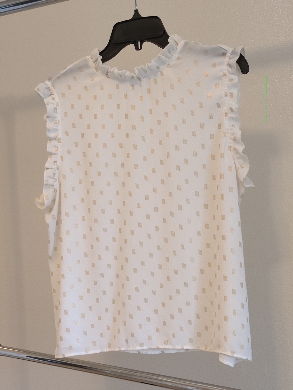 Sleeveless Ruffle Trim Blouse in White with Gold Dot Accent